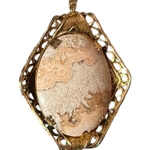 Vintage Ornate Filigree Gold Tone Pendant w/ Large Jasper Stone Cabochon